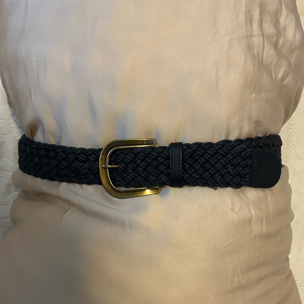 Macrame style Navy Blue Woven Belt with Navy Blue Leather Trim and Metal Buckle